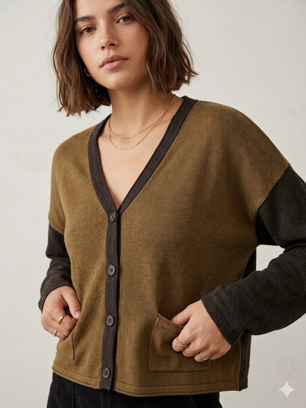 Margaret O'Leary Small Cotton Brown Colorblock Boxy Crop Cardigan Sweater Preppy
